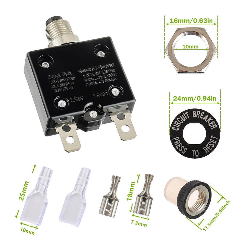 EPLZON 15A Manual Reset Push Button Circuit Breaker 125/250V AC 50V DC Thermal Overload Protector with Quick Connect Terminals and Waterproof Button Caps Assortment Kit(Pack of 2 pcs) - Image 3